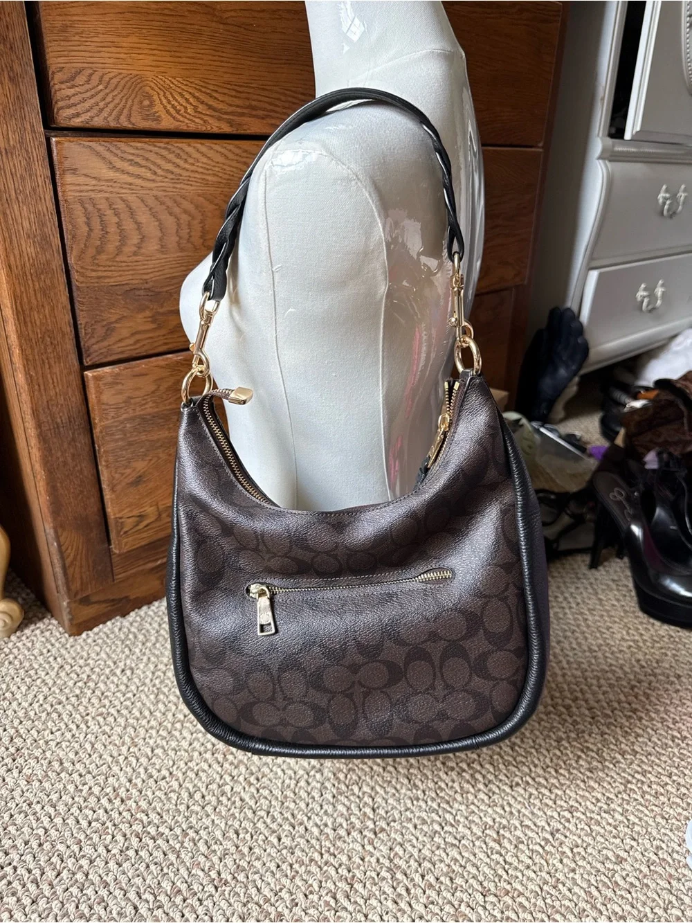 Coach Brown and Black Signature Jules Hobo with Gold Hardware
